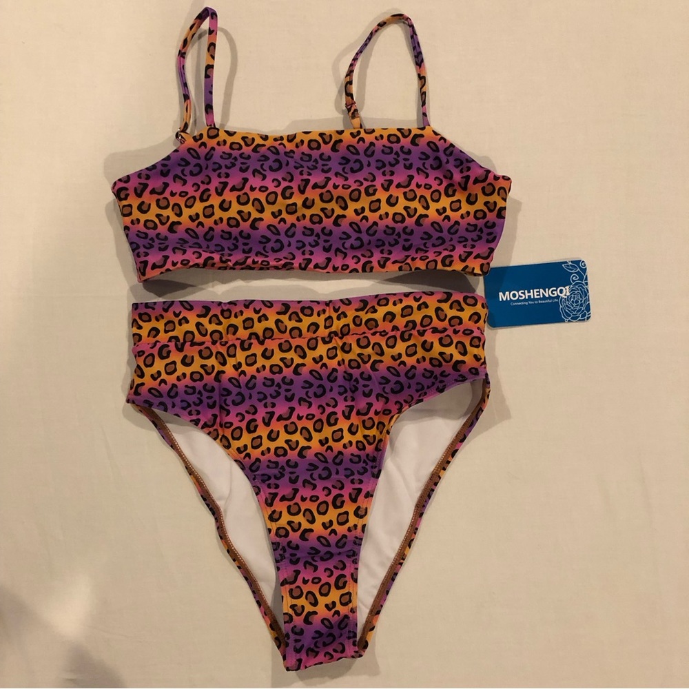 MOSHENGQI Two Piece Bikini Women’s Size S Leopard Print Bandeau Top High Cut